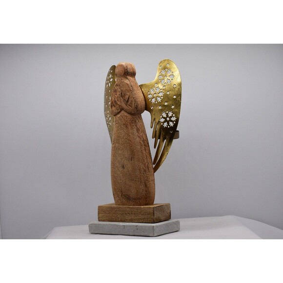 Tea Light Wooden Angel with Gold Metal Wings on Marble base - Picture 2 of 4
